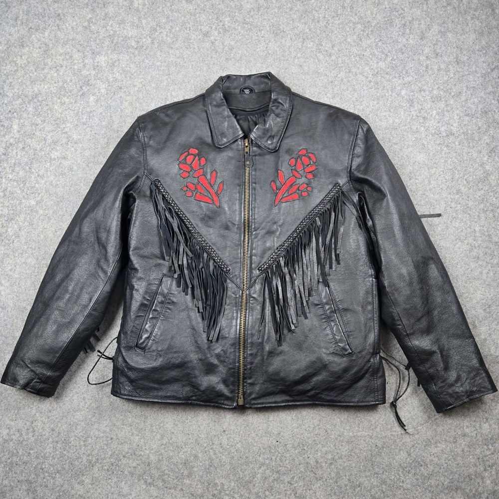 Vintage Echtes Leder Leather Fringe‎ jacket Womens XXL Black Biker Rose Cropped